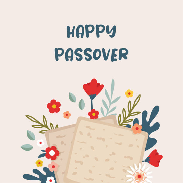 Pesah celebration concept, jewish Passover holiday. Matzah bread, spring flowers and passover greeting. Pesach template, invitation and greeting card design jewish holiday Passover, Pesach, greeting card with traditional icons. Happy New Year.matzot, egypt piramyds, flowers and leaves, passover symbols and icons. Vector illustration kosher symbol stock illustrations