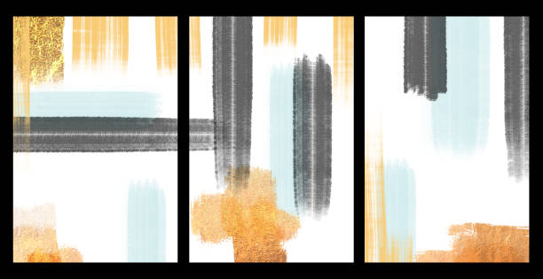 istock Modern boho simple painting canvas wall art decor. drawing orange, golden, and Light Blue
, and black shapes on white background. 1459097421