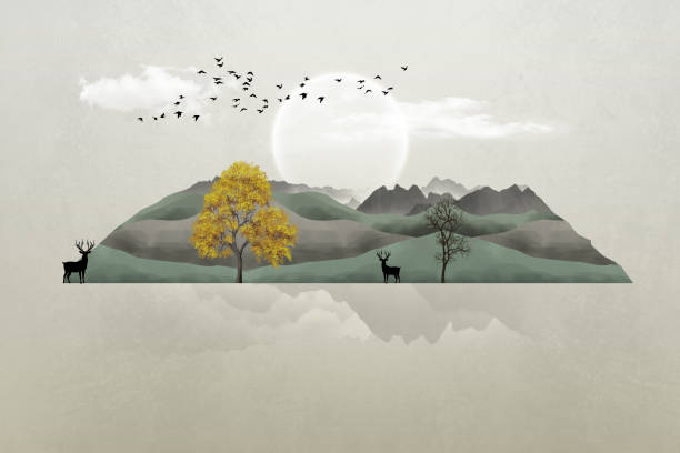 istock 3d modern Landscape art mural wallpaper with Christmas trees,  deer, moon, clouds, and mountains. Birds in the light background. 1459097609