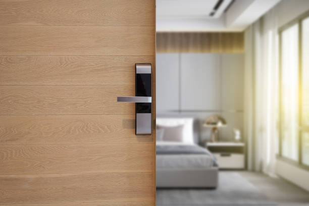 istock Digital Door locking on wood door. 1459097967