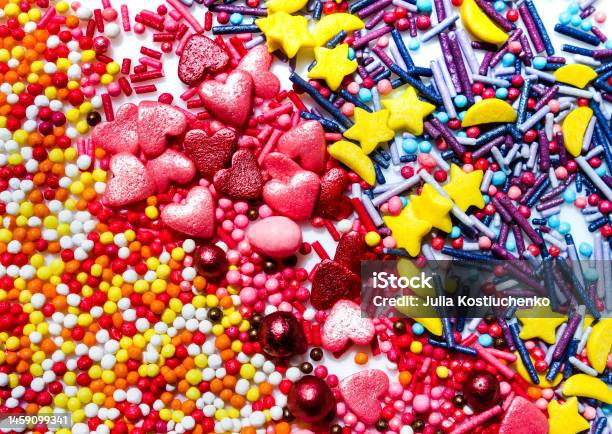 Background With A Lot Of Delicious Decorations In The Form Of Colorful Beads Confectionery Sweets Stock Photo - Download Image Now