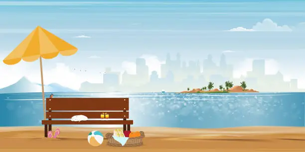 Vector illustration of Sea beach sand landscapes city view with cat sleeping on bench,Vector cartoon Summer season by seaside with clouds and blue sky background,Beautiful Seascape and blue ocean for Holiday background
