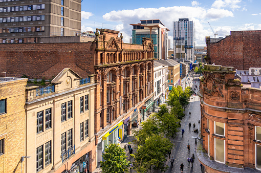 A high angle view over Sauchiehall Street in Glasgow's city centre, taken on a sunny day in August.