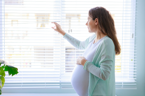 Happy pregnant young woman touching her pregnant belly and standing by the window