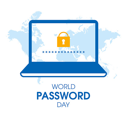 Protected laptop with lock icon vector. Laptop computer and world map graphic element isolated on a white background. First Thursday in May. Important day