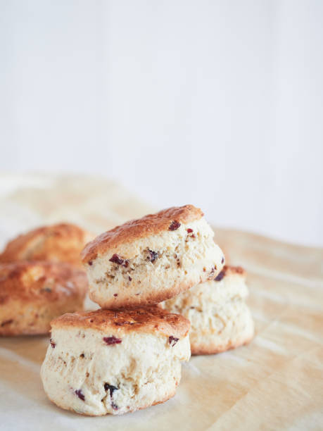 istock Scons with dried cranberry pieces on baking paper. Individual round-shaped bread roll, typical of UK cuisine. Focus on foreground, white background with copy space 1459104198