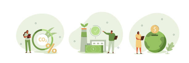 carbon taxes set Sustainability illustration set. Characters showing ways to reduce CO2 emission through carbon tax, credit and eco investing. Low carbon and environmental responsibility concept. Vector illustration. sustainability corporate stock illustrations