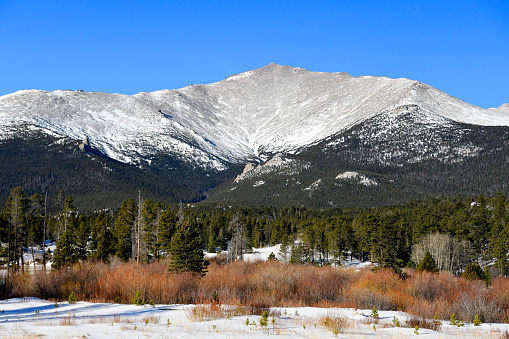 Allenspark, CO, USA, January 23, 2023: Mt Meeker is covered in Light Snow in Rocky Mountain National Park.