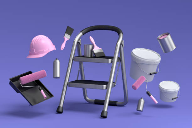 istock Set of folding ladder, bucket, helmet with paint rollers and brushes on violet 1459108634