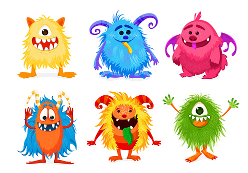 Vector set with isolated cute cartoon monsters. Funny isolated monsters for any use. Vector illustration