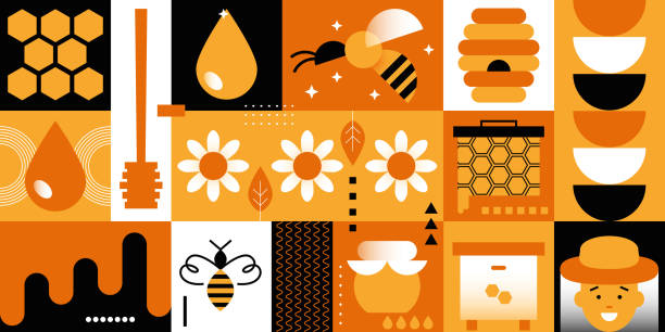 Sweet honey combs with honey, hive, bee, wooden stick pouring and flower. Honey set collection. Flat design elements vector illustration. Natural organic eco honey Sweet honey combs with honey, hive, bee, wooden stick pouring and flower. Honey set collection. Flat design elements vector illustration. Natural organic eco honey beehive stock illustrations