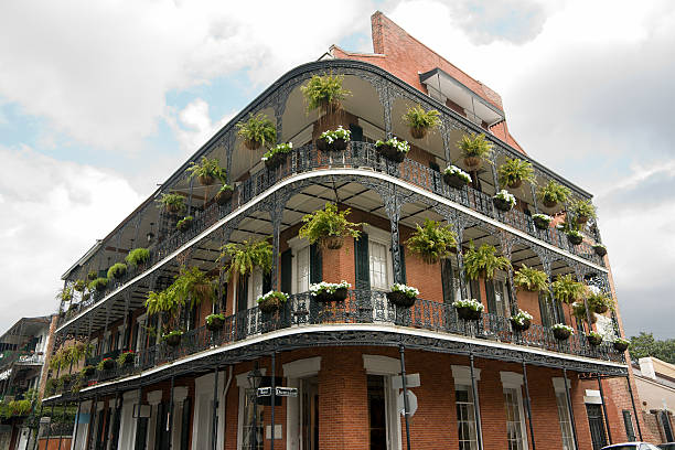 wrought iron balconies on building in New Orleans French Quarter