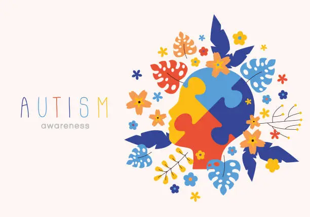 Vector illustration of World autism awareness day. Colorful puzzles with flowers and leaves vector background. Symbol of autism. Medical flat illustration. Health care