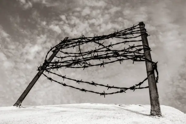 Barbed wire on the concrete fence  - Concept of imprisonment and deportation - Commemoration of the victims of the holocaust
