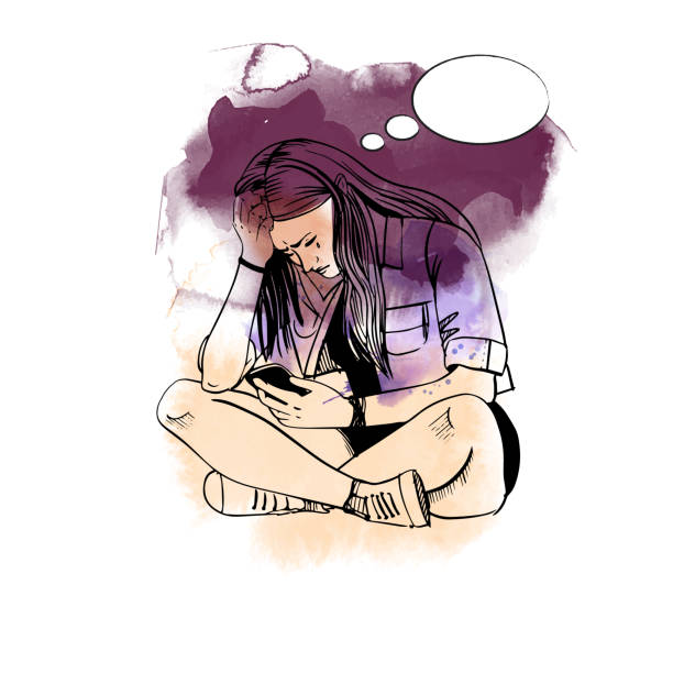 A teenage girl sitting on the floor watching a smartphone and crying. A teenage girl sitting on the floor watching a smartphone and crying. Vector sketch illustration with watercolor  textur teenager sorry stock illustrations