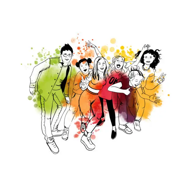 Vector illustration of Illustration of a group of teenagers having funr