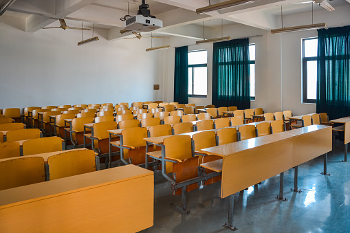 An empty classroom at a university in Shanghai, China.