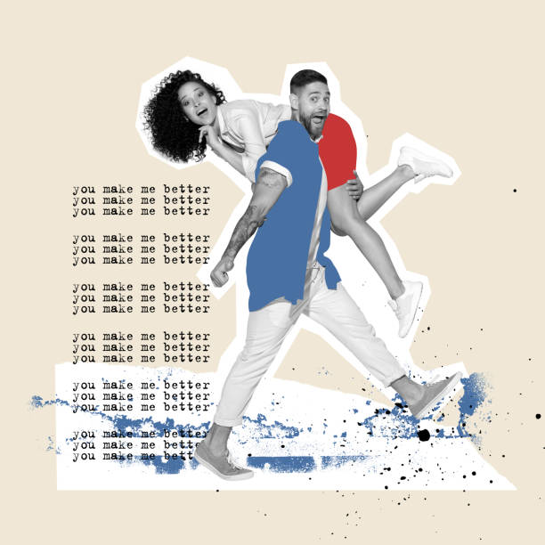 istock You make me better. Young happy couple in love going on abstract background with text. Bright contemporary art collage. Art, fashion and music. Ideas, relationship, vintage, retro style 1459123780