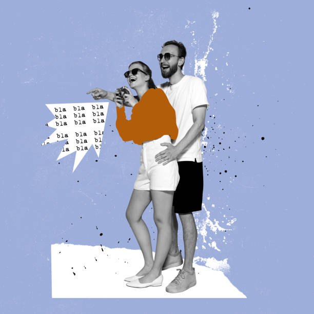 istock Bla bla bla. Young happy couple in love stranding on abstract background with text. Bright contemporary art collage. Art, fashion and music. Ideas, relationship, vintage, retro style 1459123784