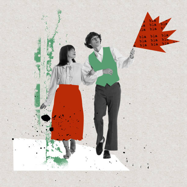 istock Bla bla bla. Young happy couple in love going on abstract background with text. Bright contemporary art collage. Art, fashion and music. Ideas, relationship, vintage, retro style 1459123799