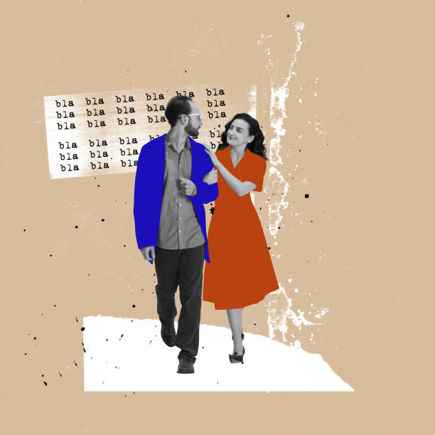 istock Bla bla bla. Young happy couple in love going on abstract background with text. Bright contemporary art collage. Art, fashion and music. Ideas, relationship, vintage, retro style 1459123844