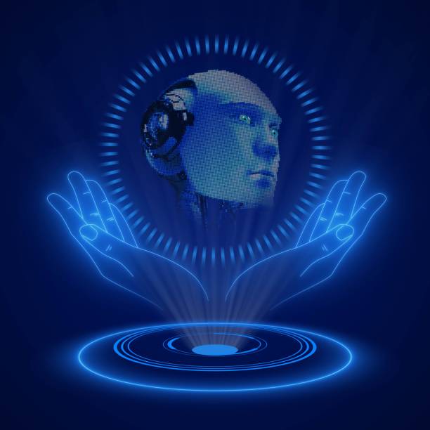 istock AI or artificial concept with hologram - Holographic abstract robotic head over open hands 1459123990