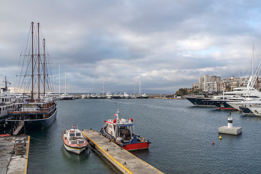 view of Marina Zeas,at winter rainy day . Piraeus, Greece