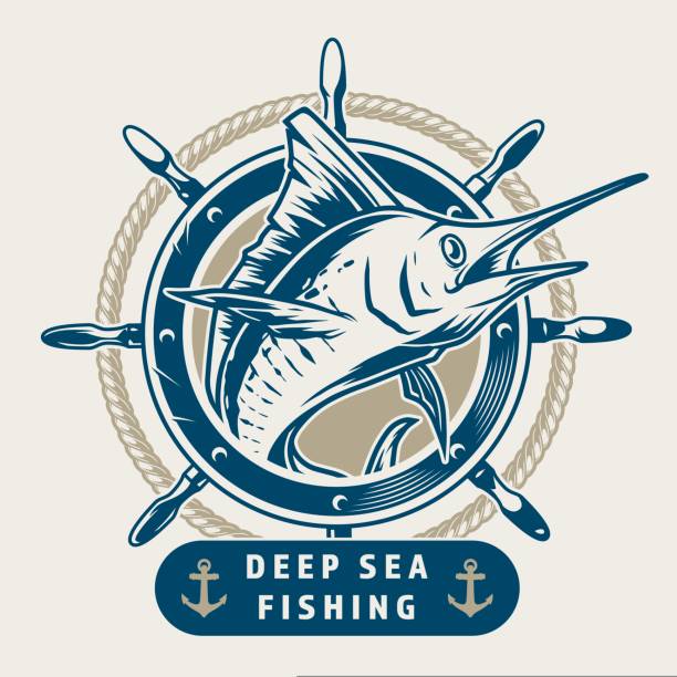 Fishing business logotype vintage colorful Fishing business logotype vintage colorful with Atlantic marlin and ship helm and signature deep sea fishing vector illustration commercial tuna fishing stock illustrations