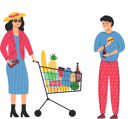 Cartoon characters of sad poor man and happy rich woman. Class and monetary inequality in human society. Richness and poverty concept. Lady with shopping cart full of purchases and unemployed guy