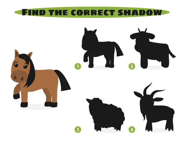 Vector illustration of Find correct shadow. Funny cartoon farm animals. Education and activity game for children. Vector illustration.