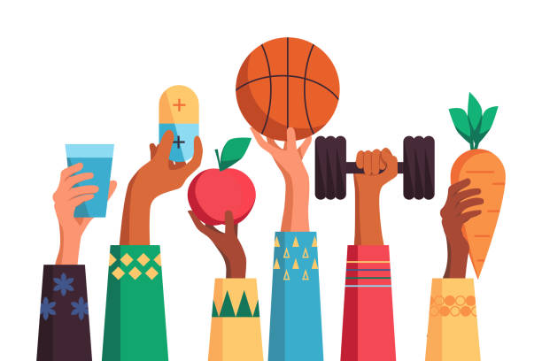 Healthy kids Healthy lifestyle illustration. Kids eating healthy and practicing sports. cartoon of the physical fitness stock illustrations