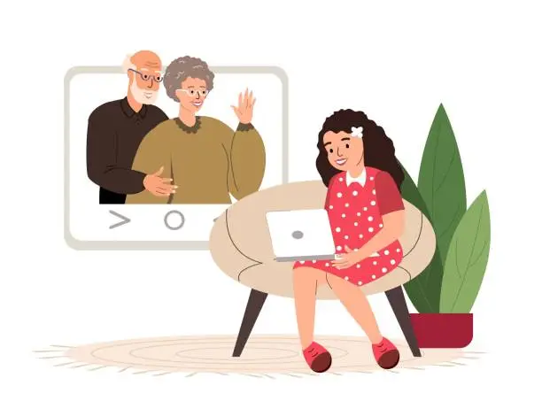 Vector illustration of Granddaughter child Girl, chatting with elderly Gransparents. Grandmom,Granddad together.Aged Retired woman talking,online video call use computer Laptop.Family web communication.Vector Illustration