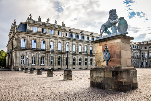 Stuttgart, Germany - 15th of August, 2022. Beautiful Lion Statue At Neues Schloss