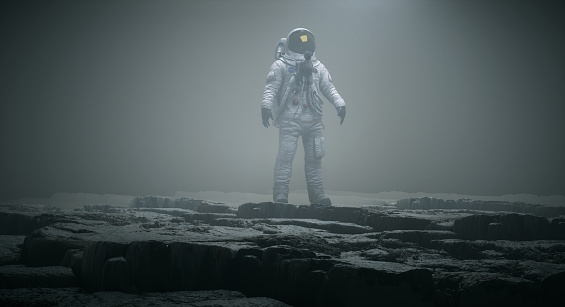 Astronaut standing on foggy land. Discovery and journey concept. This is a 3d render illustration