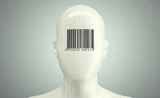 Human head with barcode stamp. This is a 3d render illustration.
