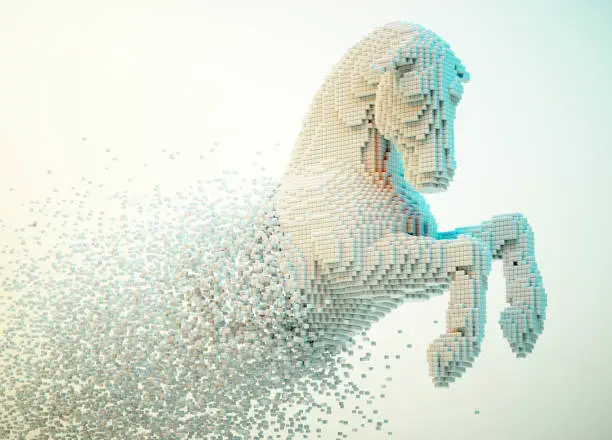 Voxel horse and dispersion effect  Growth and complexity concept. This is a 3d render illustration .