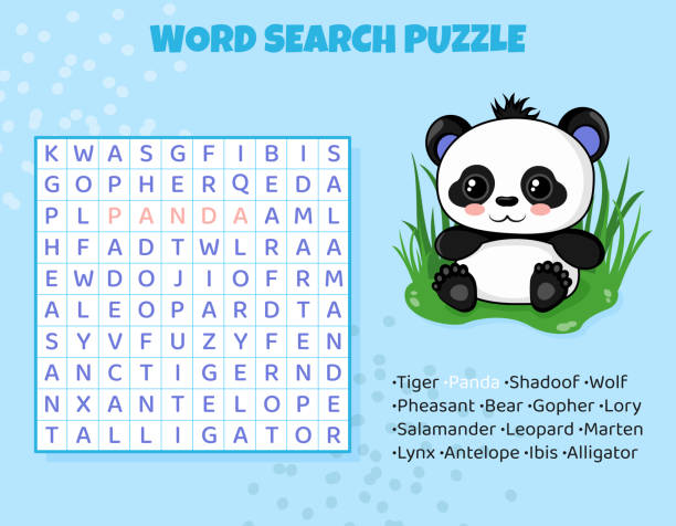 Word search puzzle with Asian animals. Education game for children. Learning English language. Word search puzzle with Asian animals. Education game for children. Learning English language. Cartoon spelling puzzle. Test for kids Crossword book. Vector illustration. word game stock illustrations