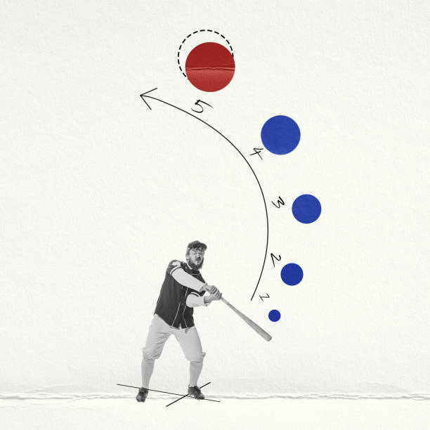 istock Creative artwork in retro style. Concentrated man, baseball player, batter ready to hit balls with bat. Impact trajectory 1459131974