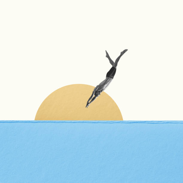 istock Creative artwork in retro style. Muscular young man, professional swimmer jumping into water on sunset 1459131978