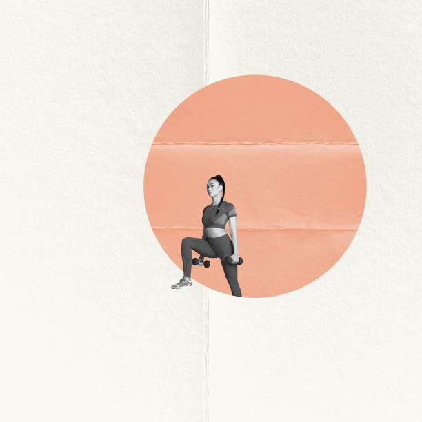 istock Creative artwork in retro style. Young sportive girl training, doing squats with dumbbell. Strong legs 1459131981