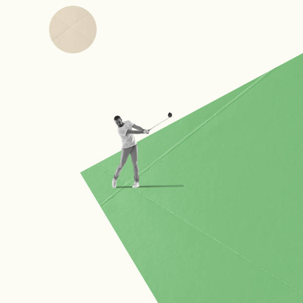 Creative artwork in retro style. Impressed. Golf player in a white shirt taking a swing. Professional player practicing. Concept of sport, motion, action, creativity, pastel colors, motivation. Ad