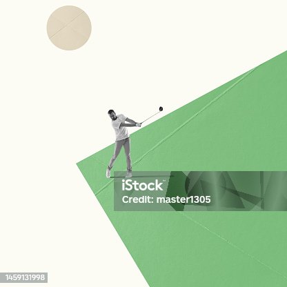 istock Creative artwork in retro style. Impressed. Golf player in a white shirt taking a swing. Professional player practicing 1459131998