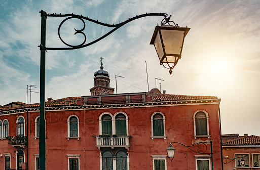 Street light and built structure on the island of Murano in Venetian lagoon, Italy