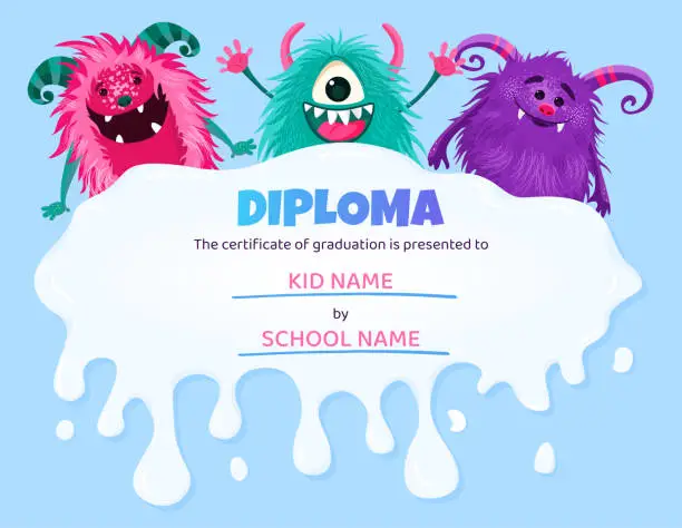 Vector illustration of Kids diploma with cartoon funny monster characters. Education award frame template for school, summer camp or kindergarten certificate.