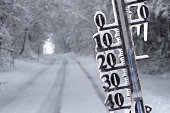 thermometer shows cold temperature at winter day