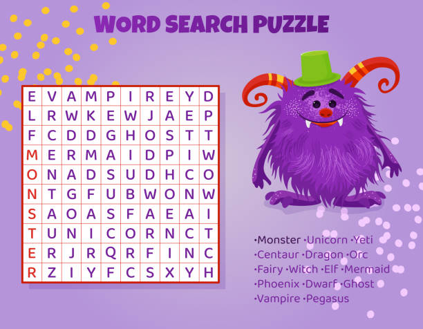 Word search puzzle with mythical animals. Magical creatures. Education game for children. Word search puzzle with mythical animals. Magical creatures. Education game for children. Learning English language. Cartoon spelling puzzle. Test for kids Crossword book. Vector illustration. word game stock illustrations