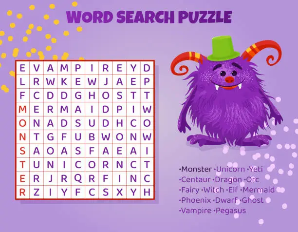 Vector illustration of Word search puzzle with mythical animals. Magical creatures. Education game for children.