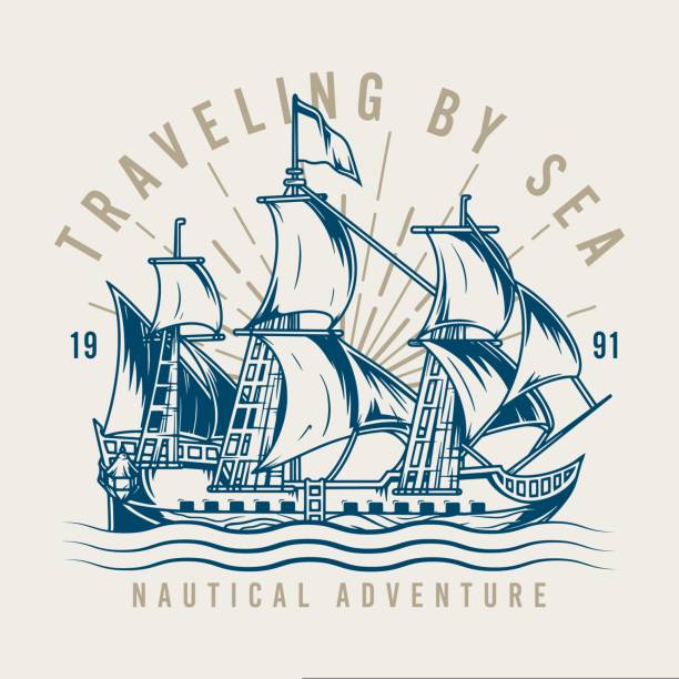 Sailing ship colorful sticker vintage with medieval vessel with cannon compartments and flag traveling by sea or ocean vector illustration