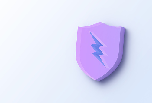 3D security shield lightning bolt render background design.