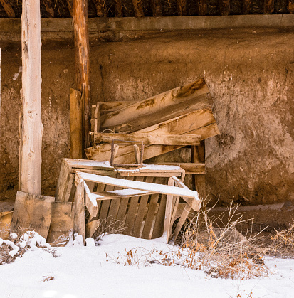 Overgrown nterior of abandoned potato bunker, San Luis Valley, Colorado, on winter day. Heavy beams. Snow on floor. Wooden tools and artifacts on floor with snow.